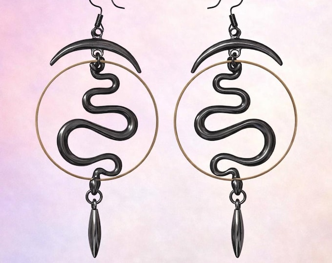 Gothic Serpentine Dangle Earrings | Gunmetal Snake and Gold Moon Chandelier Earrings | Goth Jewelry