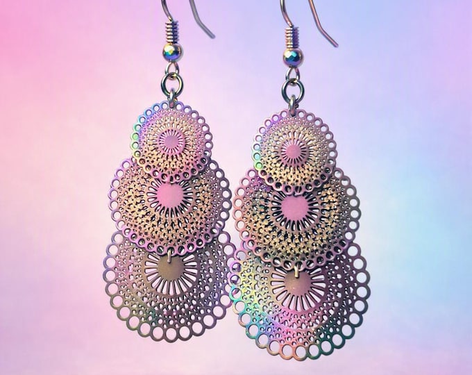 Iridescent Filigree Dangle Earrings  | Holographic Stainless Steel | Lightweight Statement Jewelry