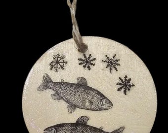 Handmade Wood Christmas Ornament: B and W Trout and Hot Chocolate