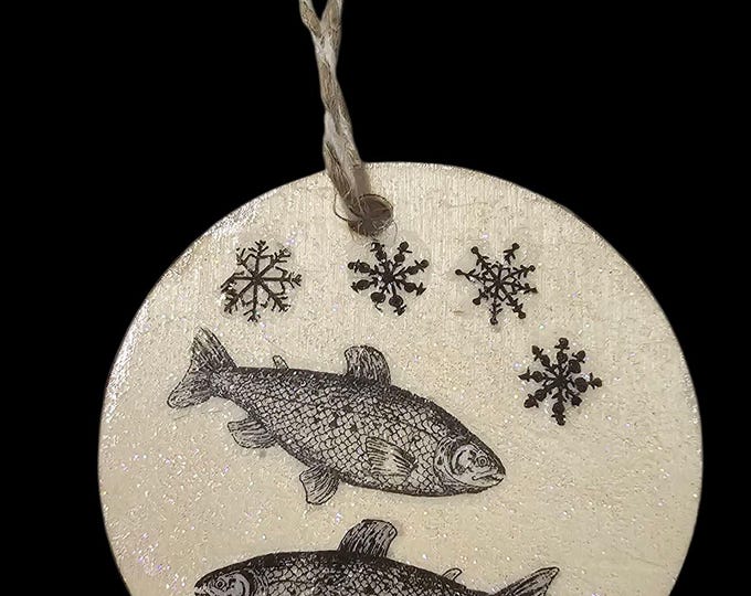 Handmade Wood Christmas Ornament: One-Of-A-Kind Wooden Ornament,  B and W Trout, Hot Chocolate