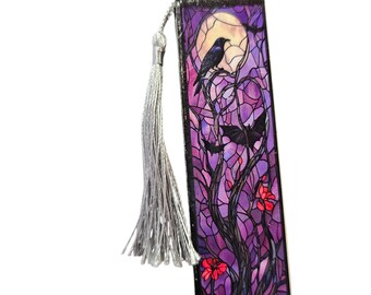 Handmade Wooden Bookmark with Tassle: Gothic Wood Bookmark - Bats, Crows, Skeleton