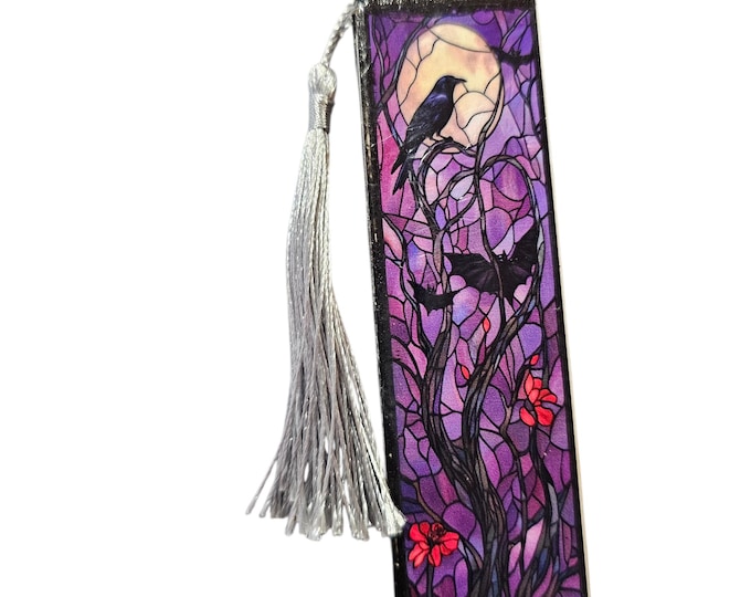 Handmade Gothic Wood Bookmark: One-Of-A-Kind Mystic Wooden Page Marker, Crows, Skeleton