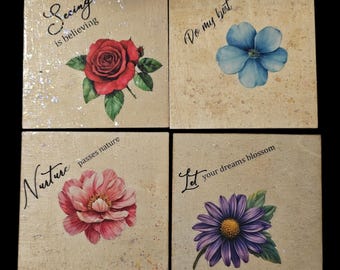Flower Wood Coasters: Handmade Square Wooden Coasters