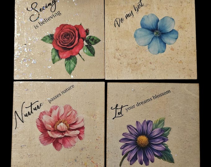 Handmade Flower Wood Coasters: One-Of-A-Kind Wooden Coasters, Square, Daisy, Rose, Morning Glory, Peony