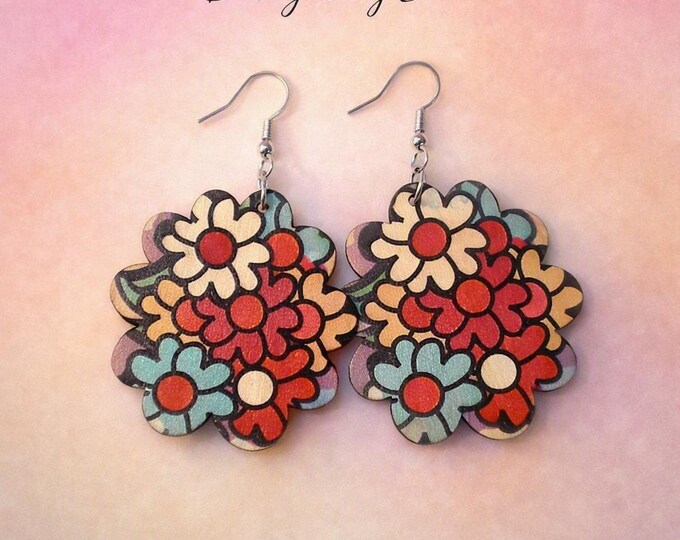 Handmade Floral Wood Dangle Earrings | Stained-Glass Style, Lightweight Boho Jewelry