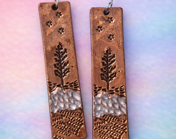 Handcrafted Copper Tree Earrings | Nature‑Inspired Boho Rectangle Dangles | Vancouver Island