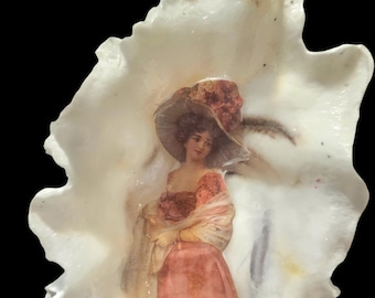 Handmade Victorian Woman Shell Art: One-of-a-Kind Coastal Table Decor