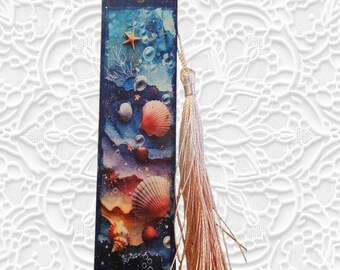 Ocean Handmade Wooden Bookmark with Tassle: Sea Wood Bookmark, Seashells, Seashore