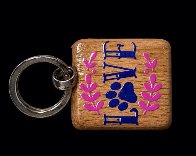 Wooden LOVE Paw Print Keychain – Pet Lover Animal Charm by Designs by Sher