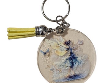 Fairy Handmade  Acrylic Keychain With Yellow Leather Tassle: Blue Fairy
