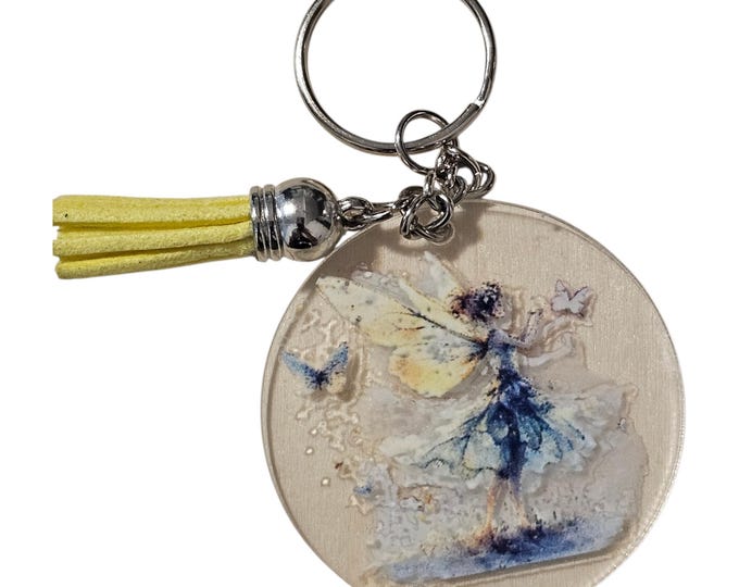 Handmade Blue Fairy Keychain: One-Of-A-Kind Acrylic with Yellow Tassel