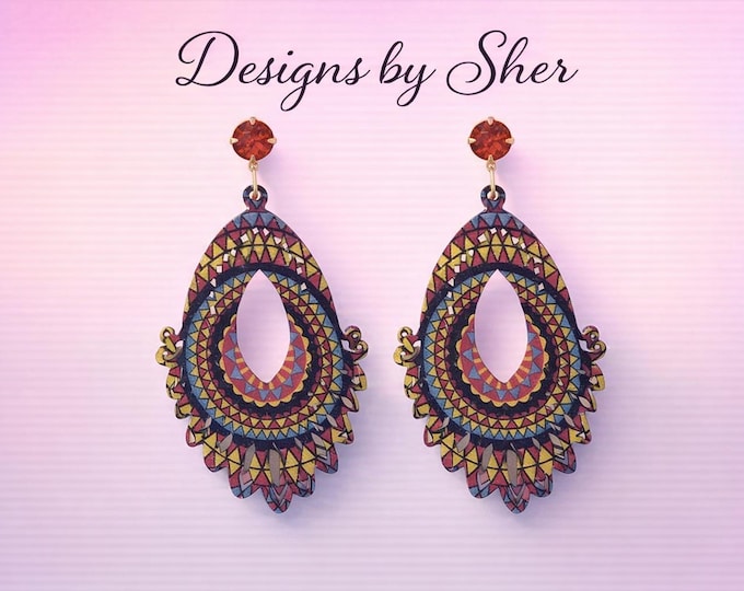 Boho Mandala Teardrop Earrings | Handmade Geometric Wood Statement Jewelry by Designs by Sher