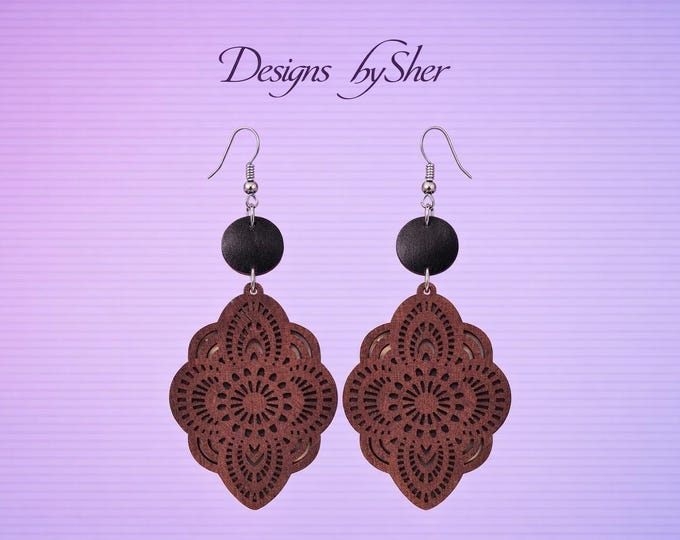 Lace Mandala Wood Earrings | Handcrafted Filigree Wooden Dangles | Cut Out Chocolate Brown Dangle Earrings