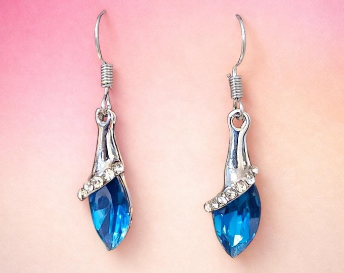 Blue Sapphire and Rhinestone 925 Silver Plate Dangle Earrings | Zirconia and Rhinestones