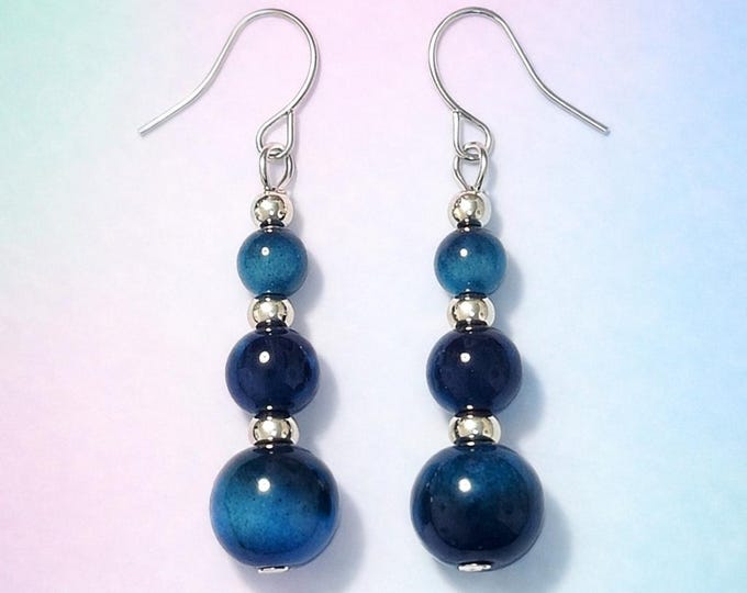 Lab Blue Gradient Tigers Eye Dangle Earrings • Handmade Stainless Steel Boho Jewelry