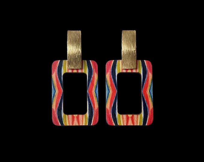 Multicolor Zigzag Wood Dangle Stud Earrings | Handcrafted Boho Geometric Statement Jewelry