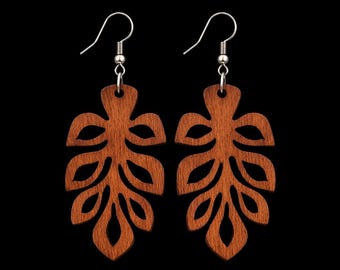 Handmade Handcrafted Wooden Monstera Leaf Earrings – Natural Boho Statement Jewelry