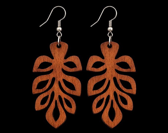 Handmade Handcrafted Wooden Monstera Leaf Earrings – Natural Boho Statement Jewelry