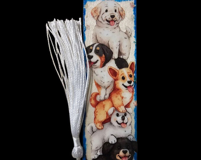 Handmade Dog Wood Bookmark: One-Of-A-Kind Wooden Page Marker with Tassel, Puppy, Dogs