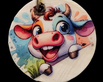 Handmade Cow Wood Keychain:Double Sided Round Wooden Keychain Farm