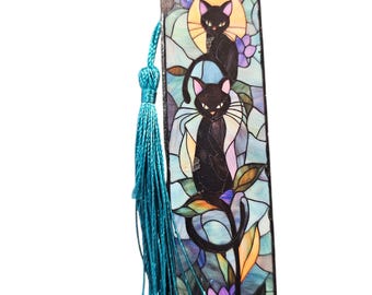 Handmade Wooden Bookmark with Tassle: Gothic Wood Bookmark - Black Cats, Red Rose