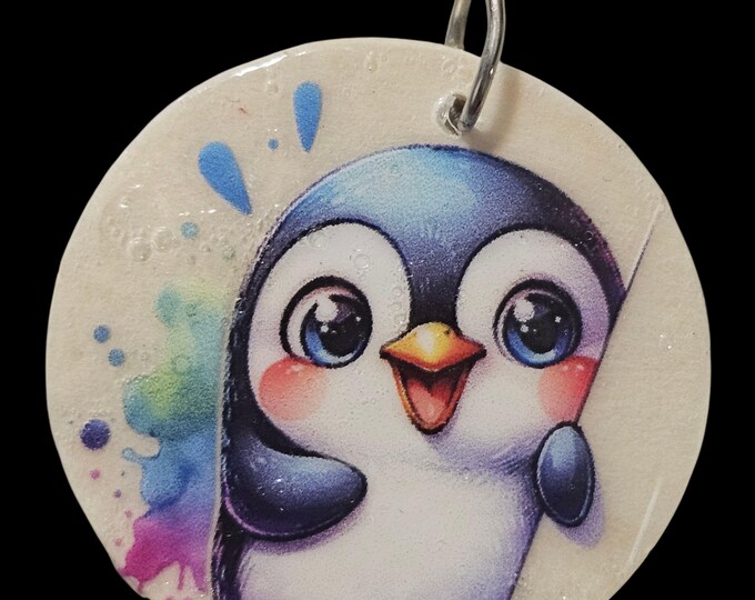 Handmade Penguin Wood  Keychain: One-Of-A-Kind  Round Wooden Key Chain