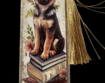 Handmade Acrylic Bookmark with Tassle: Dog Large Bookmark German Shepherd Pup