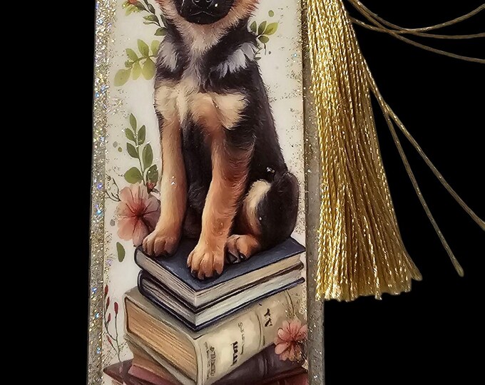 Handmade Dog Bookmark: One-Of-A-Kind Acrylic Page Marker with Tassel, German Shepherd, Puppy
