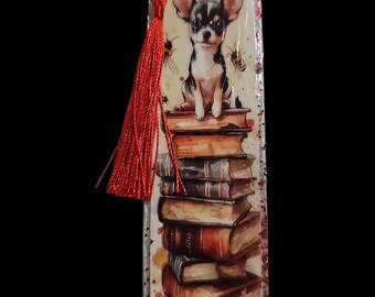 Handmade Acrylic Bookmark with Red Tassel: Chihuahua Bookmark