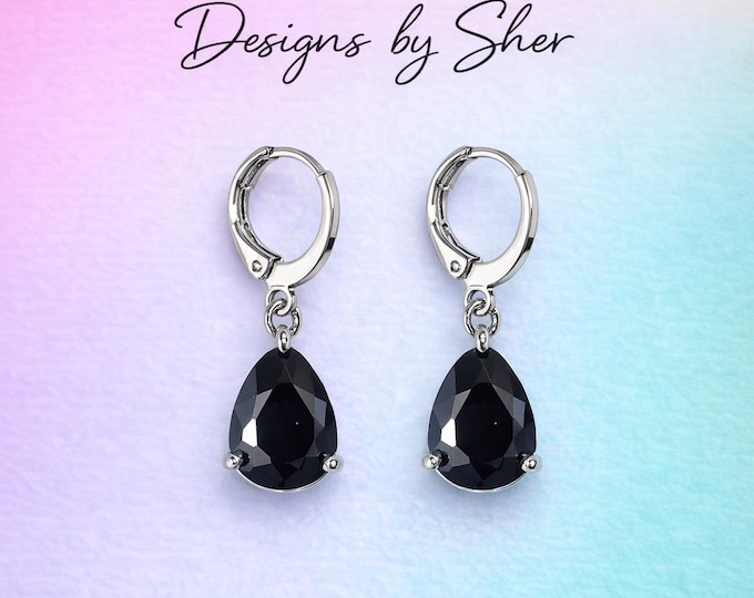 Teardrop Black Gemstone Earrings | 925 Silver Drop | Designs by Sher