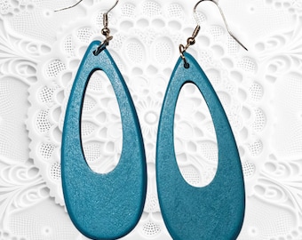 Blue Wood Oval Earrings: Turquoise Wooden Dangle Earrings