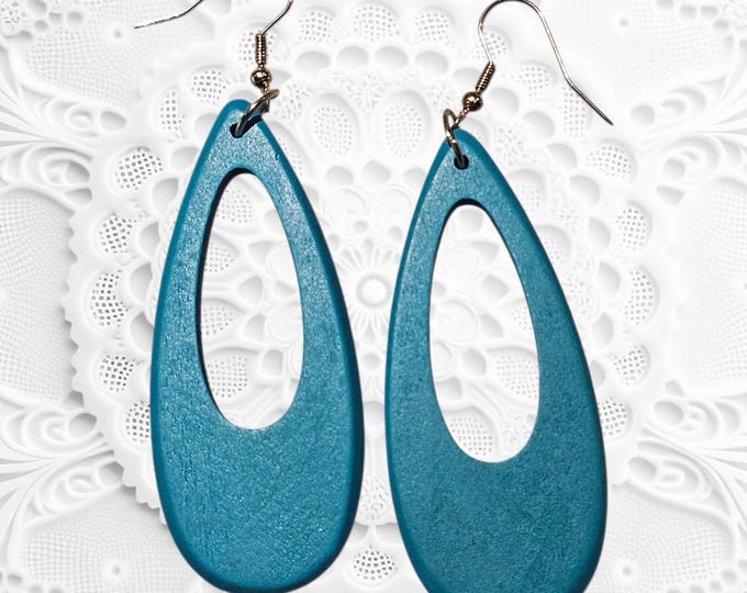 Handmade Blue Wood Dangle Earrings: Turquoise Oval Wooden Earrings