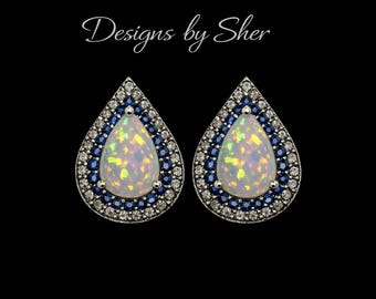 Opal Sapphire Teardrop Silver Stud Earrings – Coastal Wedding Jewelry