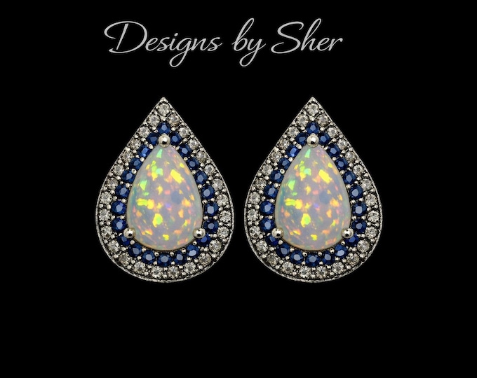 Opal Sapphire Teardrop Silver Stud Earrings – Coastal Wedding Jewelry