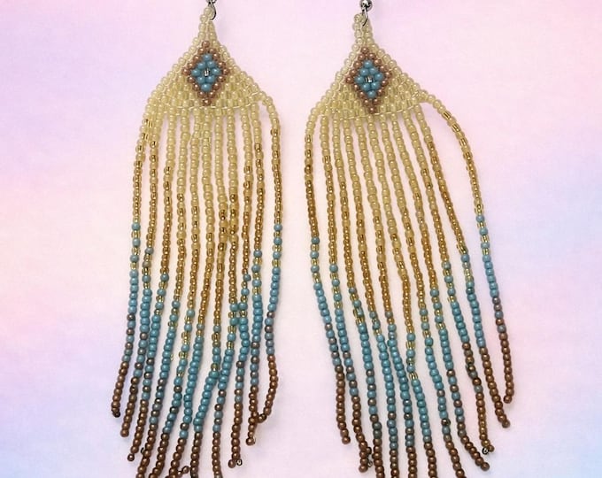 Boho Beaded Fringe Earrings – Cream, Turquoise & Brown Handmade Statement Jewelry, Lightweight Festival Dangles