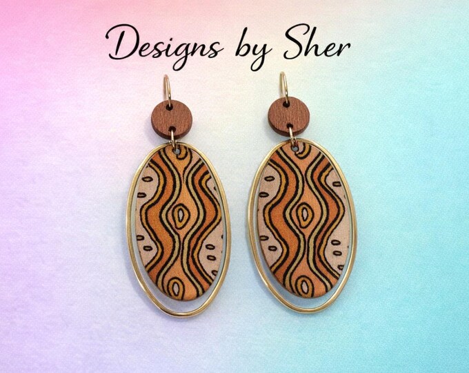 Boho Wood Tribal Earrings – Handmade Orange Gold Oval Dangle Statement Jewelry