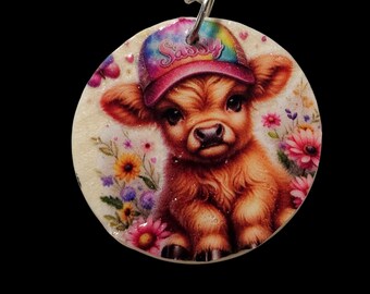 Handmade Cow Wood Keychain: Double Sided Round Wooden Keychain Farm