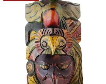 Carved Wood Mask Man or Ape with Yellow Eyes Eagle Birds on Top Large Beak Tribal Wooden Mask @Everything Vintage