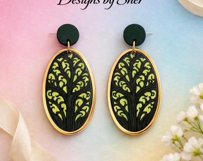 Green and Gold Filigree Earrings | Elegant Handmade Dangle Jewelry