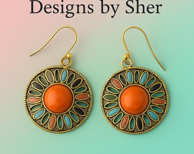 Boho Round Dangle Earrings: Handmade Brass With Orange Cabochon | Turquoise Blue & Orange