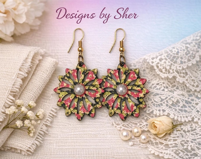 Floral Wood Earrings – Handcrafted Gold Hook Round Dangles with Pearl Center | Colorful Statement Jewelry