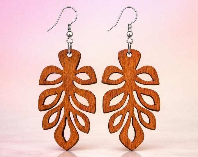 Wooden Monstera Leaf Earrings – Handmade Natural Boho Statement Jewelry