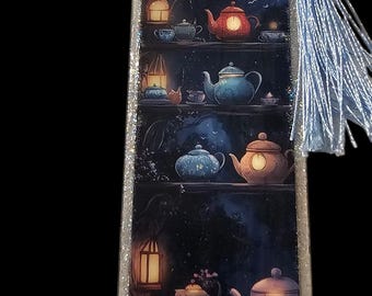 Handmade Acrylic Bookmark with Tassle: Mystical Wonderland Large Bookmark Glowing Teapots