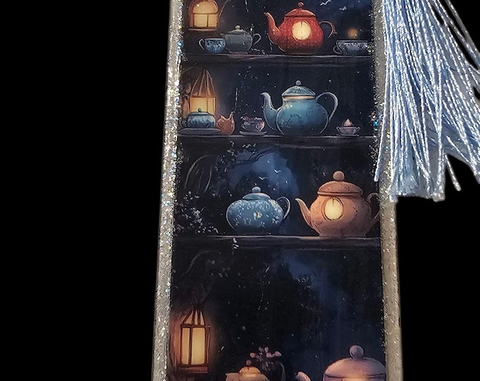 Featured listing image: Handmade Acrylic Bookmark with Tassle: Mystical Wonderland Large Bookmark Glowing Teapots
