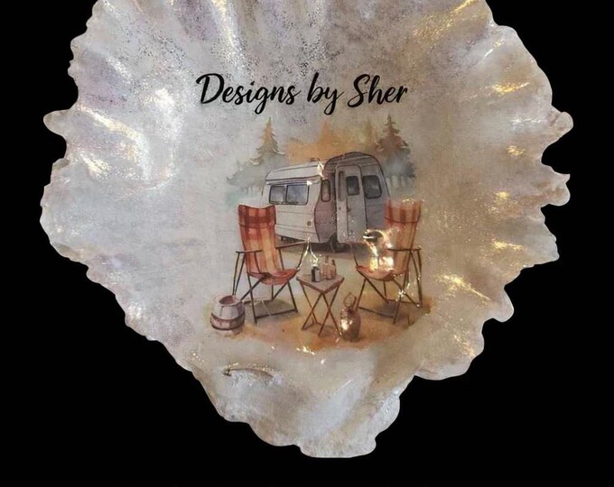 Camping Oyster Shell Art | Handcrafted Camping Scene Dish | Inspirational Gift