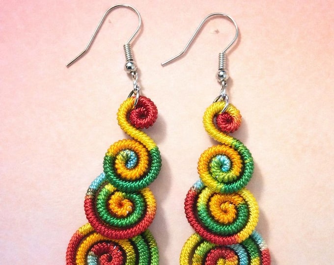 Colorful Spiral Thread Dangle Earrings – Handcrafted Boho Statement Jewelry by Designs by Sher®
