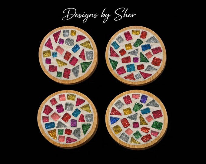 Mosaic Tile Wooden Coasters | Handmade Bamboo Wood Round Coasters | Natural Home Decor