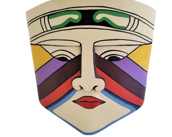 Large 13" Wood Face Mask Rainbow Wooden Mask One of a Kind Studio Art Mask