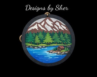 Mountain & Lake Wall Hanging – Hand-Painted Wooden Plaque – Nature Cabin Art by Designs by Sher
