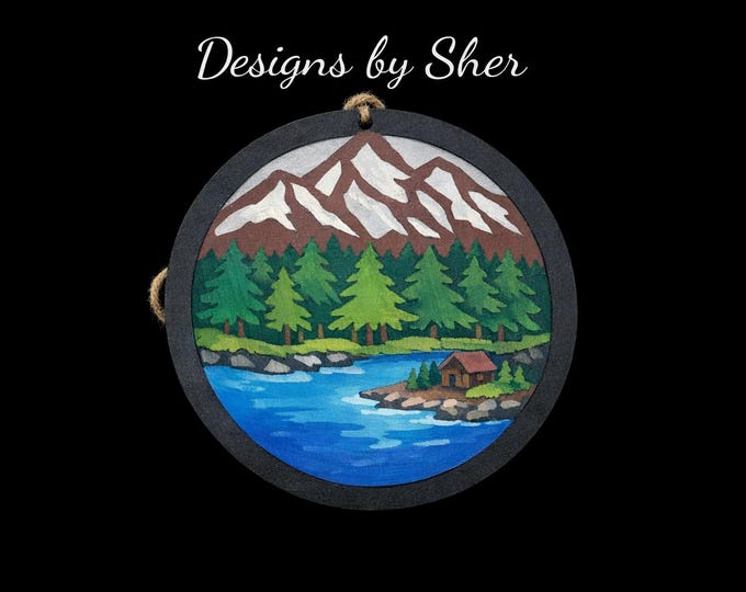 Mountain & Lake Wall Hanging – Hand-Painted Wooden Plaque – Nature Cabin Art by Designs by Sher